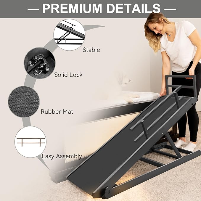 ABORON Folding Pet Ramp, 5-Level Adjustable Dog Ramp for Bed, Couch, SUV - High Traction Rubber Surface, Supports up to 200 lbs, 45.2" Long - Ideal for Small & Large Dogs & Cats,Black Finish-PurrikoPets