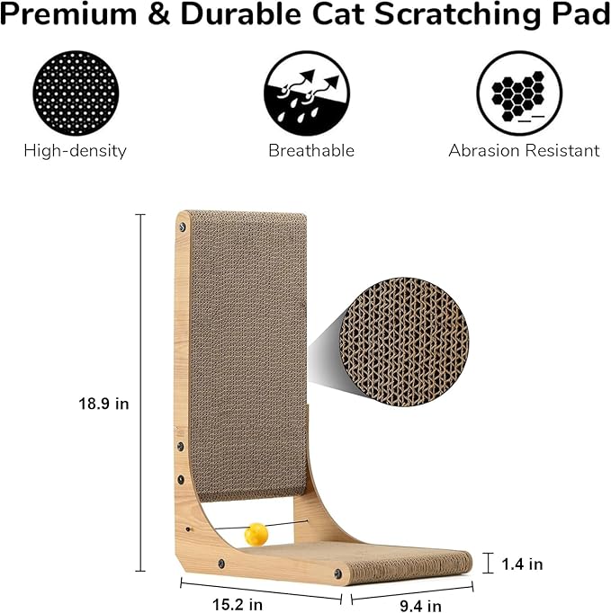 FUKUMARU Cat Scratcher, 18.9 Inch L Shape Cat Scratch Pad, Vertical Cat Scratcher Wall Mounted, Cat Scratching Cardboard with Ball Toy for Indoor Cats-PurrikoPets