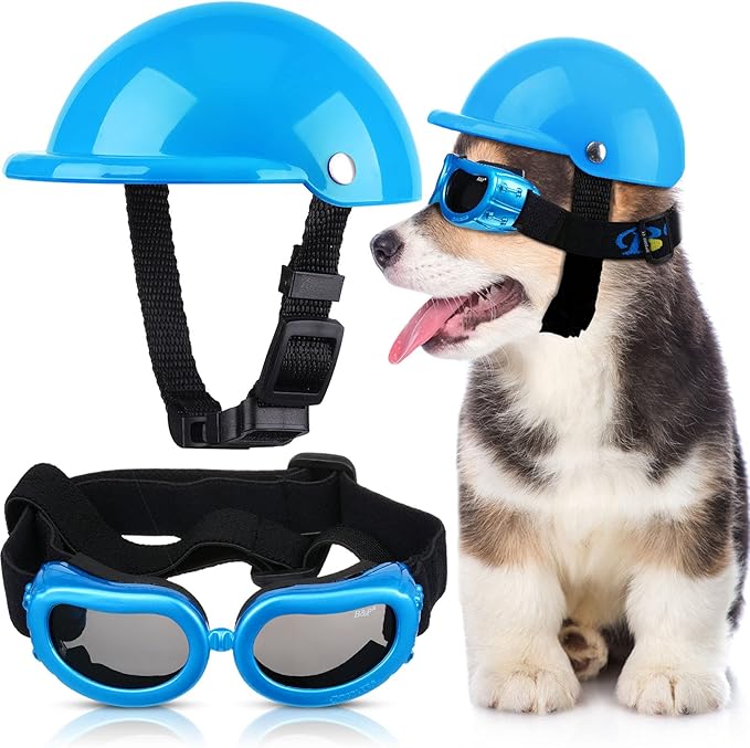 Frienda Dog Helmet and Goggles, UV Protection Doggy Sunglasses and 4 Inch Padded Puppy Motorcycle Helmet Adorable Dog Goggles with Adjustable Belt for Small Dogs Puppy Riding(Blue,S)-PurrikoPets