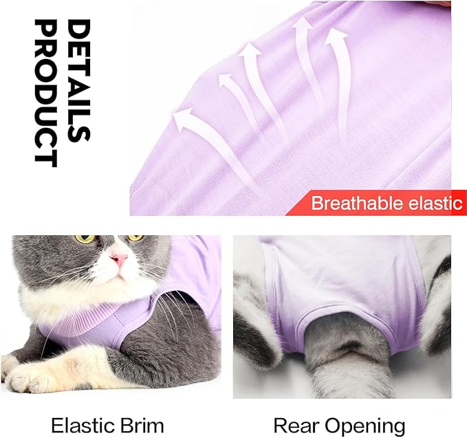 DOTON Cat Recovery Suit for Male and Female Surgical Post Surgery Soft Cone Onesie Shirt Clothes Neuter Licking Protective Diapers Outfit Cover Kitten Spay Collar(M, Purple)-PurrikoPets