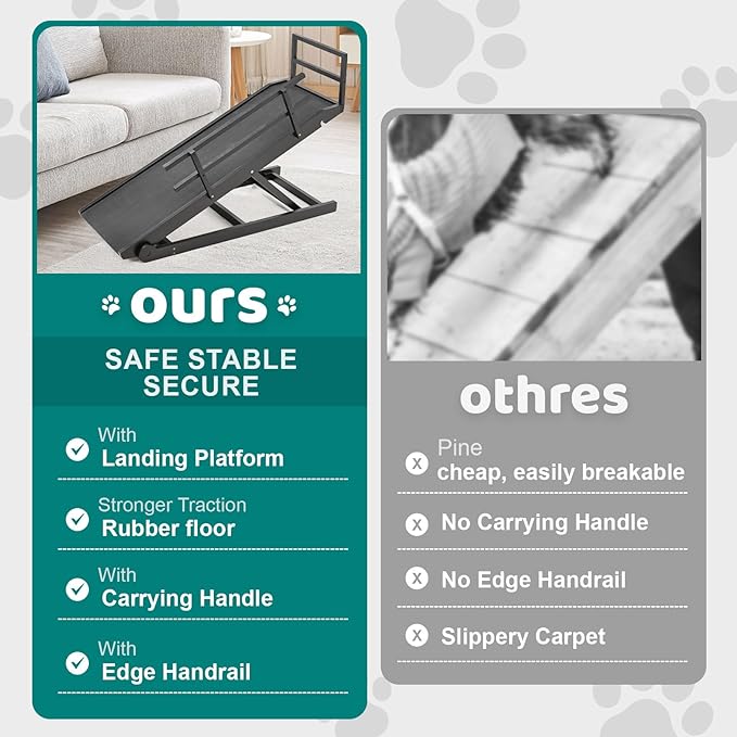 Dog Ramp for Bed, Adjustable Pet Ramps for Dog to Get on Bed, Non-Slip Rubber Surface - Folding Wooden Dog Ramp for Small/Large/Old Dogs, Adjustable up to 27.5 inch High Beds, Safety Railings-PurrikoPets