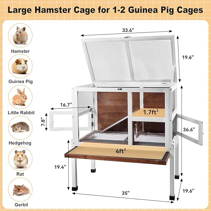 2-Story Guinea Pig Cage with Stand, Indoor Wooden Hamster Cage with Ramp, Pull-Out Tray, Hideout & Platform, Acrylic Transparent Small Animal Habitat for Chinchillas, Ferrets, Hedgehogs, Walnut-PurrikoPets
