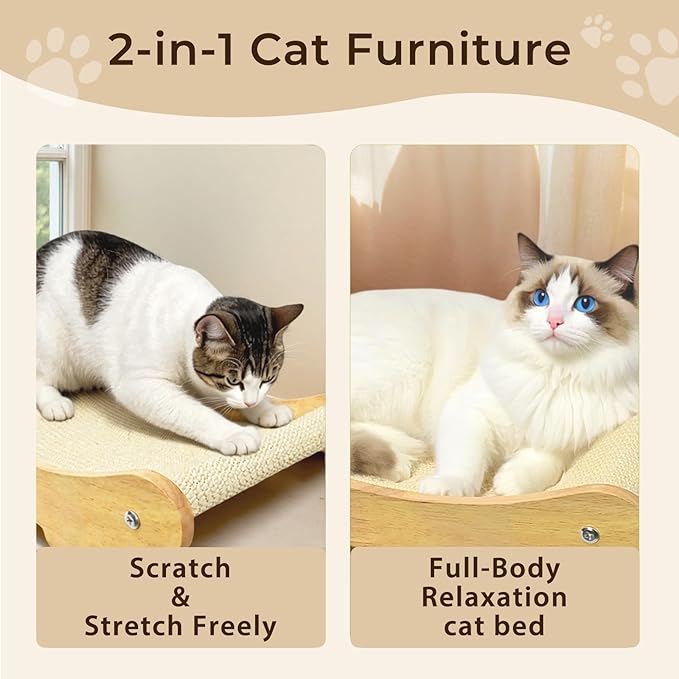 2-in-1 Sisal Cat Scratcher Bed for Indoor Large Cats – Hammock Lounge with Natural Sisal Pad, Wooden Cat Furniture for Scratching and Resting-PurrikoPets
