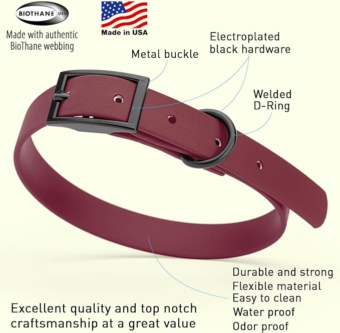 Dogline Biothane Waterproof Dog Collar Strong Coated Nylon Webbing with Black Hardware Odor- Proof for Easy Care Easy to Clean High Performance Fits Small Medium or Large Dogs, Merlot Burgundy-PurrikoPets