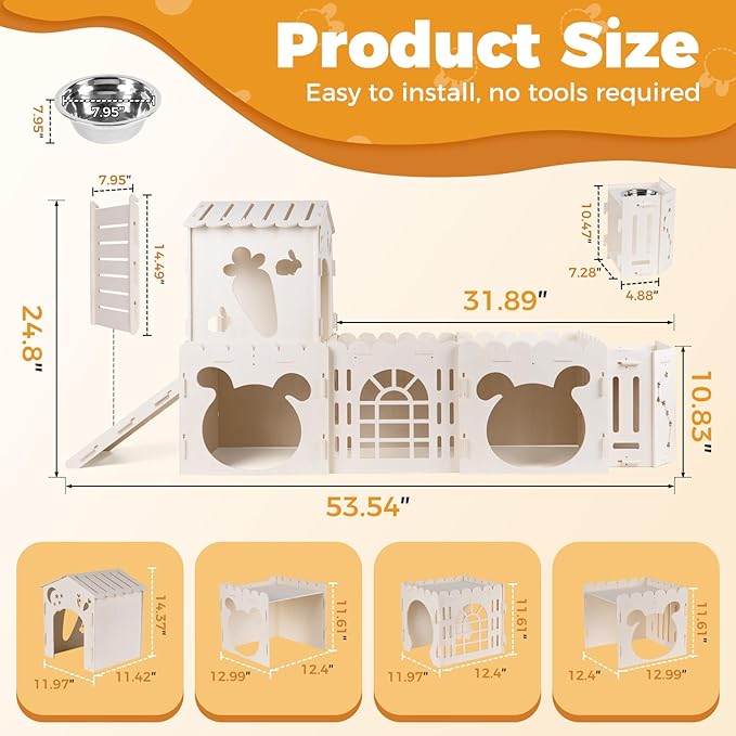 Extra Large Rabbit House, Wooden Bunny House Hideout with 4 Houses and Hay Feeder Indoor, Rabbit Guinea Pig Hideout Multistory Climbing Tower Sturdy Wooden Castle, Small Animal Hideaway Tunnel-PurrikoPets