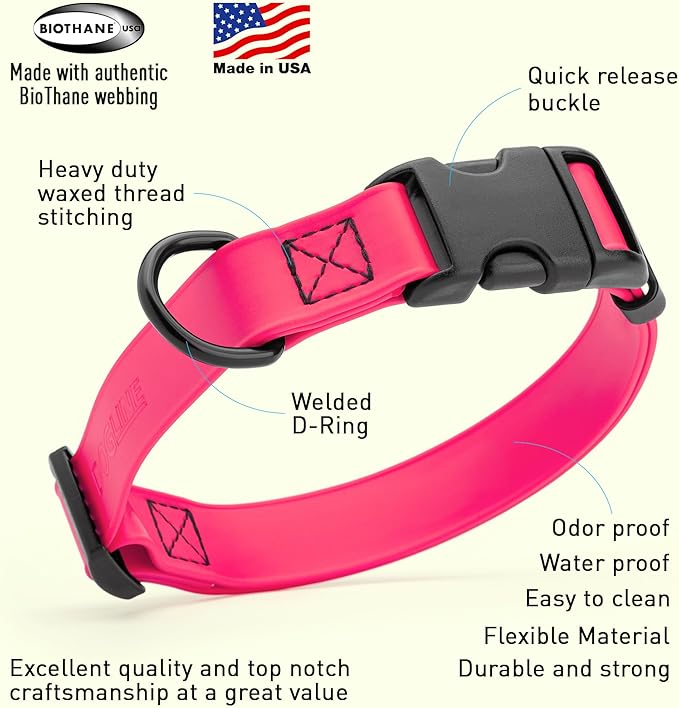 Dogline Biothane Waterproof Dog Collar with Quick Release Buckle Strong Coated Nylon Webbing with Odor- Proof for Easy Care Easy to Clean Fits Small Medium or Large Dogs, Pink 1" W 15-23" L-PurrikoPets