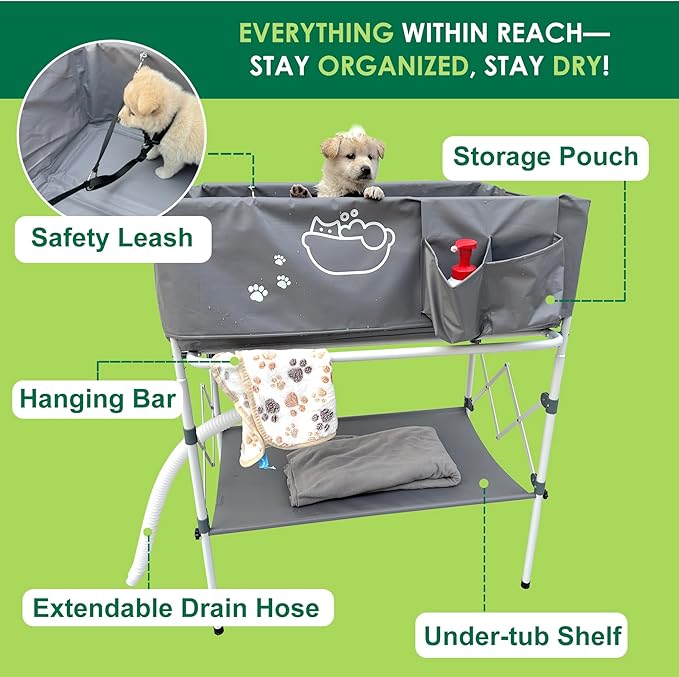 Elevated Dog Bathtub, Portable Dog Washing Station for Home with Towel Bar & Storage, Folding Pet Bath Tub for Small & Medium Dogs-PurrikoPets