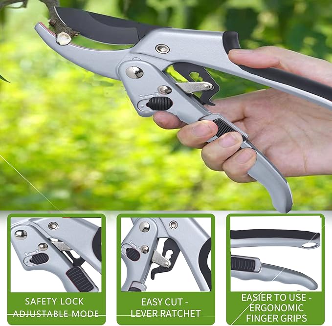 Garden clippers, premium Germany pruners, Work 3 times easier, professional ratchet pruning shears, cutting rose, flower, hedge, stem, tree, Sharp gardening scissors, Arthritis weak hand snips-PurrikoPets