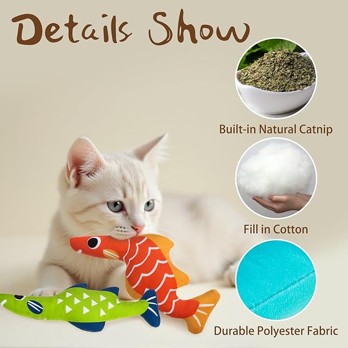 EXPAWLORER Catnip Cat Toys Fish,4 Pcs Durable Cat Kicker Toy with Natural Catnip Cotton,Interactive Bite Resistant Soft Pillow Filled for Indoor Cats Kitten Playing,Drives Bored Cats Crazy with Fun-PurrikoPets