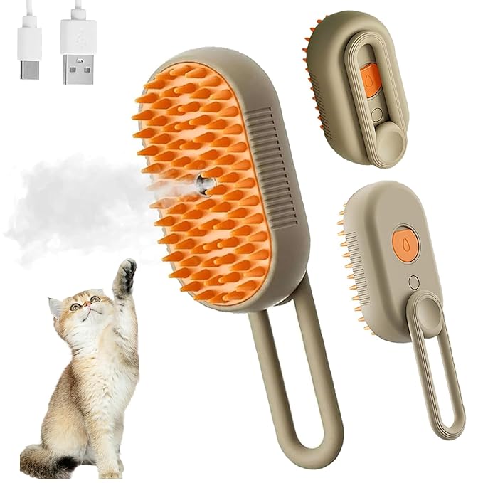4 in 1 Cat Steam Brush,cat brushes for indoor cats,Rechargeable Steam Cat with Steam,Anti-Static Steam Pet Brushes for Dogs Cats(Khaki)-PurrikoPets