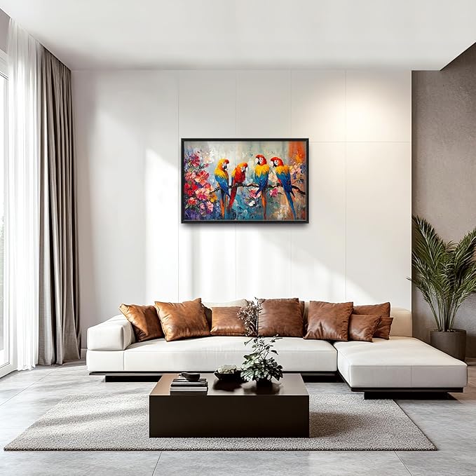 Extra Large Framed Parrot Bird Wall Art,Oversized Abstract Colorful Parrots Flower Wall Decor Pictures for Living Room,Canvas Print Painting Modern Artwork Bedroom Office Bathroom Home Decor 36L x24W-PurrikoPets