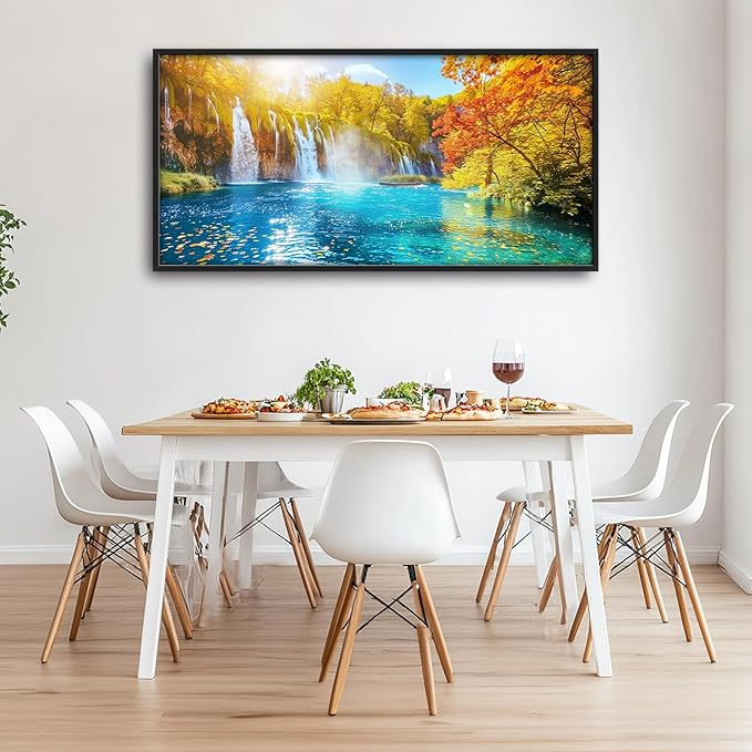 Extra Large Waterfall Lake Framed Wall Art for Living Room,Oversized Fall Autumn Tree Landscape Pictures Wall Decor,Nature Canvas Print Painting Modern Artwork Bedroom Office Bathroom 60L" x 30W"-PurrikoPets