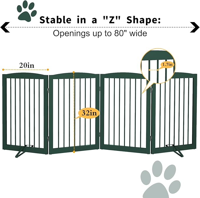 Freestanding Pet Gate for Dogs, Indoor Wooden Dog Gate for House, Foldable Dog Gate for Doorway, Stair, Step Over Pet Puppy Safety Fence Tall, 80 Inch Wide, 4 Panels 32", Green-PurrikoPets