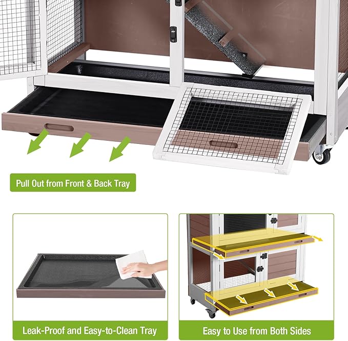 2-Story Rabbit Hutch Indoor Bunny Cage Wooden Guinea Pig House with Chew-Proof Ramp, Leakproof Slide-Out Trays, Lockable Caster Wheels for 1-3 Rabbits (Brown)-PurrikoPets