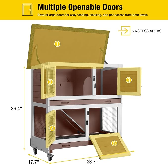 Aivituvin 2-Tier Rabbit Hutch with Tarp Door and Wheels Bunny Cage Indoor Outdoor Guinea Pig Cage Expandable with Pet Playpen 36" L, Brown-PurrikoPets