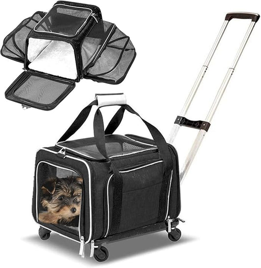 Airline Approved Expandable Premium Pet Carrier on Wheels- Two Sided Rolling Carrier- Designed for Dogs & Cats- Extra Spacious Soft Lined Carrier! (Black) (RL-PET-CARRIER-WHEELS)-PurrikoPets