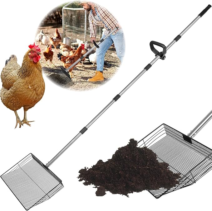 15 inch Large Chicken Poop Scooper with Ergonomic Grip, 6 in 1 Detachable Chicken Scooper for Poop Shovel (20 to 79"), Stainless Steel Sifting Shovel for Chicken Coop/Goat Stall/Stable Cleaning Tool-PurrikoPets