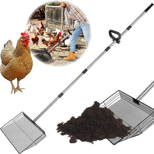 15 inch Large Chicken Poop Scooper with Ergonomic Grip, 6 in 1 Detachable Chicken Scooper for Poop Shovel (20 to 79"), Stainless Steel Sifting Shovel for Chicken Coop/Goat Stall/Stable Cleaning Tool-PurrikoPets