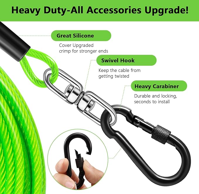 Dog Tie Out Cable 10FT-500Lbs,Heavy Duty Dog Leads&Tether for Yard with Swivel Hook,Small Large Dogs Leash Line for Outside,Rust Chew Proof Dogs Run Cable for Outdoor Camping (Green, 10FT)-PurrikoPets