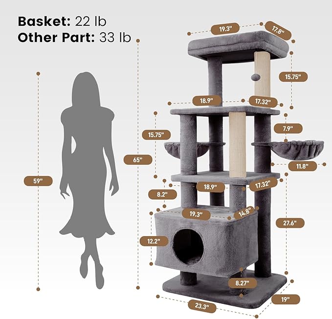 Gardner Pet 65in Heavy Duty Cat Tree Tower for Large Cats, Multi-Level Cat Furniture with Replaceable Sisal Scratching Post, Hammock | Extra-Large Platform & Condo (Upgraded Grey)-PurrikoPets