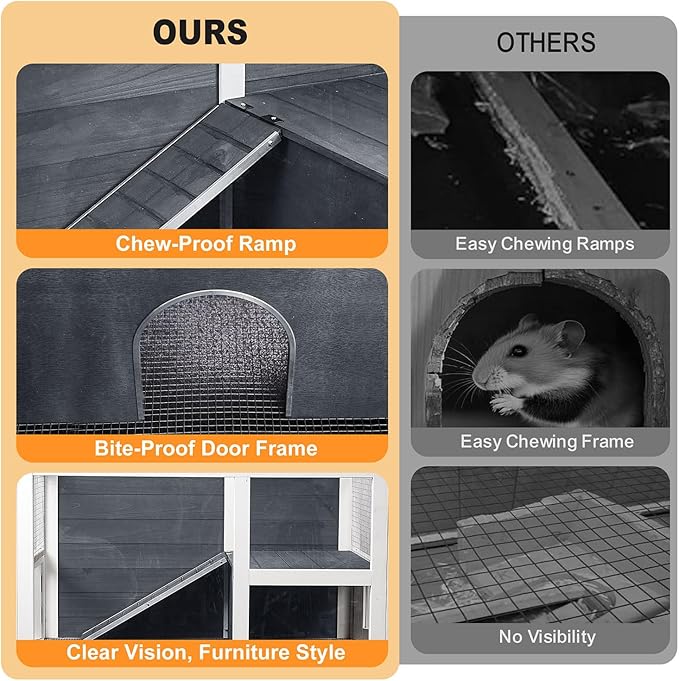 2-Story Guinea Pig Cage with Stand, Indoor Wooden Hamster Cage with Ramp, Pull-Out Tray, Hideout & Platform, Acrylic Transparent Small Animal Habitat for Chinchillas, Ferrets, Hedgehogs,Grey-PurrikoPets