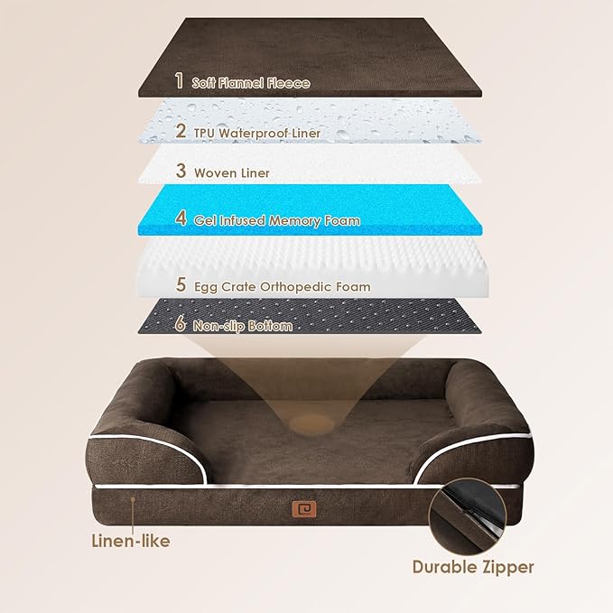EHEYCIGA Orthopedic Dog Beds for Extra Large Dogs, Waterproof Memory Foam XL Dog Bed with Sides, Non-Slip Bottom and Egg-Crate Foam Big Pet Couch Bed with Washable Removable Cover, Brown-PurrikoPets