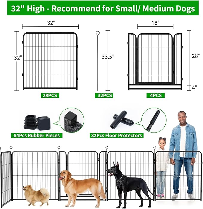 Dog Playpen Outdoor Extra Wide 32 Panels Heavy Duty Dog Fence 32" Height Anti-Rust with Doors Portable for RV Camping Yard, Total 84FT, 561 Sq.ft, Snowy Black-PurrikoPets