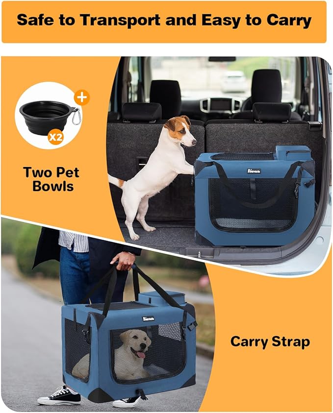 Extra Large Dog Crate with 2 Foldable Bowl, 40 Inch Collapsible Travel Dog Crate Kennel with Soft Blanket for Medium Dogs,Indoor & Outdoor (40" L x 27" W x 27" H, Navy)-PurrikoPets