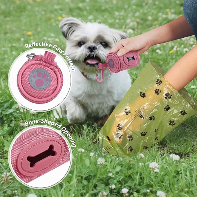 Dog Poop Bag Holder for Leash Doggie Waste Bag Dispenser Soft Fabric Puppy Potty Carrier Small Doggy Zipper Pouch with Carabiner Clip 1680D Nylon Oxford with 1 Roll of Pet Trash Bags, Pink-PurrikoPets