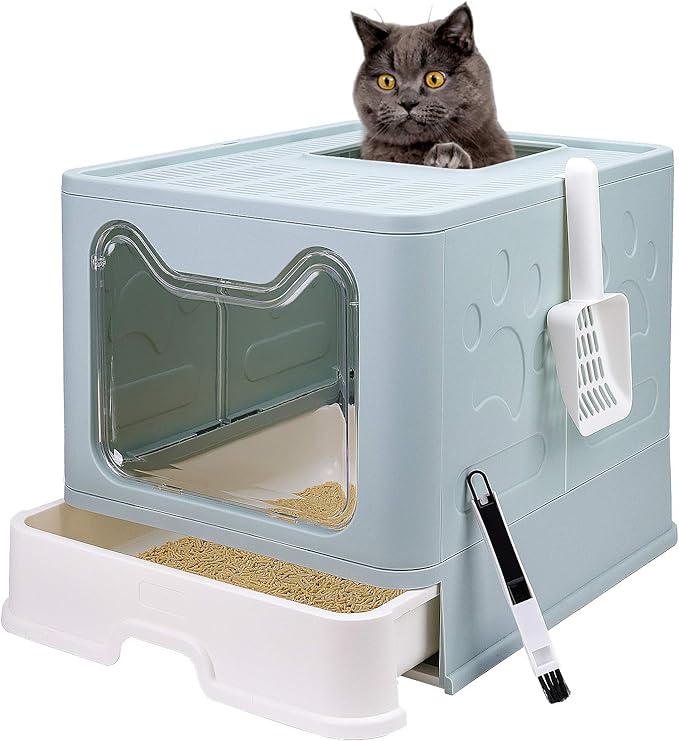 Foldable Cat Litter Box with Lid, Enclosed Potty, Large Top Entry Anti-Splashing Toilet, Easy to Clean Including Litter Scoop and 2-in-1 Cleaning Brush (Blue)-PurrikoPets