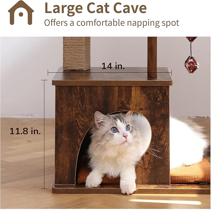 FUKUMARU Cat Tree, 4 in 1 Large Modern Cats Tower with Jute Scratching Post and Hammock, Wood Cat Condo with silvervine Balls, Brown Cat Climber Stand Playhouse for Indoor Cats, Retro Style-PurrikoPets