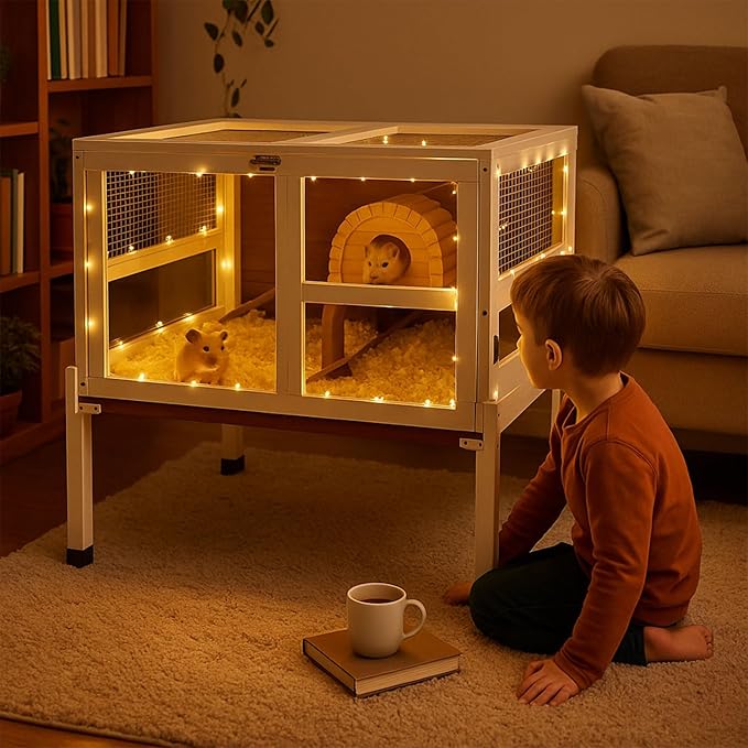 2-Story Guinea Pig Cage with Stand, Indoor Wooden Hamster Cage with Ramp, Pull-Out Tray, Hideout & Platform, Acrylic Transparent Small Animal Habitat for Chinchillas, Ferrets, Hedgehogs, Walnut-PurrikoPets