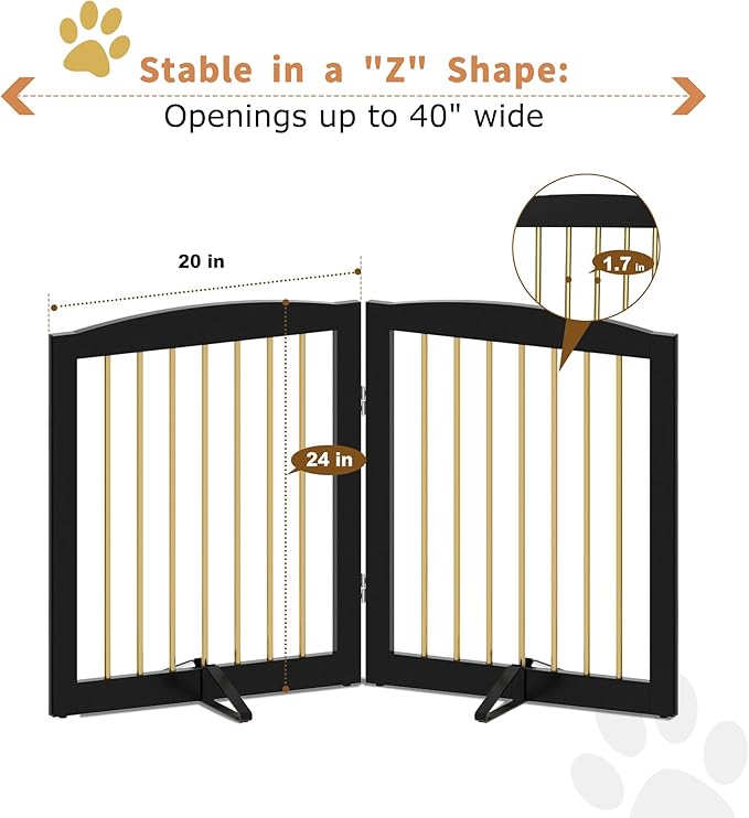 Freestanding Pet Gate for Dogs, Foldable Wooden Dog Gate for House, Stairs, Doorways, Step Over Pet Puppy Safety Fence,Support Feet Included,24" Height 2 Panels, Black&Gold-PurrikoPets