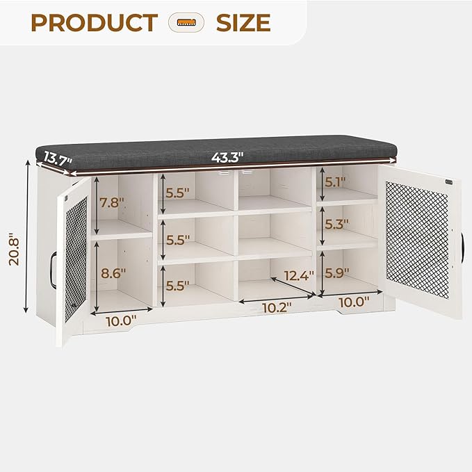 Farmhouse Storage Bench with Cushion, Metal and Wood Shoe Rack Organizer, Adjustable Shelf, Shoe Cabinet with Half Hidden Storage Space, for Entryway, Bedroom, Living Room (Old White, 43.3in)-PurrikoPets