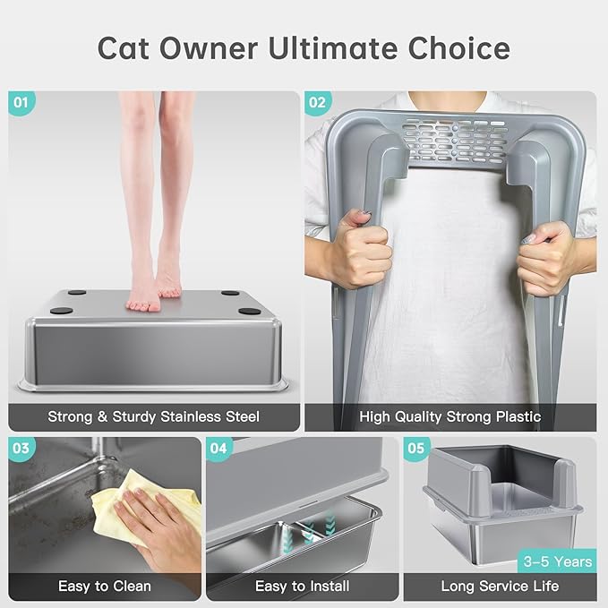 Enclosed Stainless Steel Cat Litter Box with Lid, XL Extra Large Litter Box for Big Cats, Metal Litter Pan High Sided, Never Absorbs Odors, Anti-Urine Leakage, Include Scoop (SH-Light Gray)-PurrikoPets