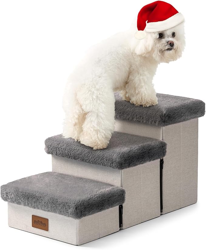 Dog Stair for Small Dogs with Storage, Foldable Pet Step with Soft Cover, Older Cat Ramp for Chair Couch Sofa, Lightweight, Durable, Comfort, 24.8x13x13.6 inch, 3 Tiers, Grey-PurrikoPets