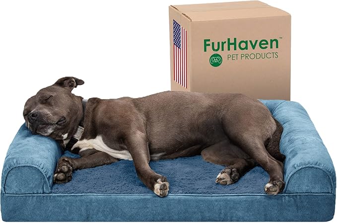 Furhaven Orthopedic Dog Bed for Large/Medium Dogs w/ Removable Bolsters & Washable Cover, For Dogs Up to 55 lbs - Faux Fur & Velvet Sofa - Harbor Blue, Large-PurrikoPets