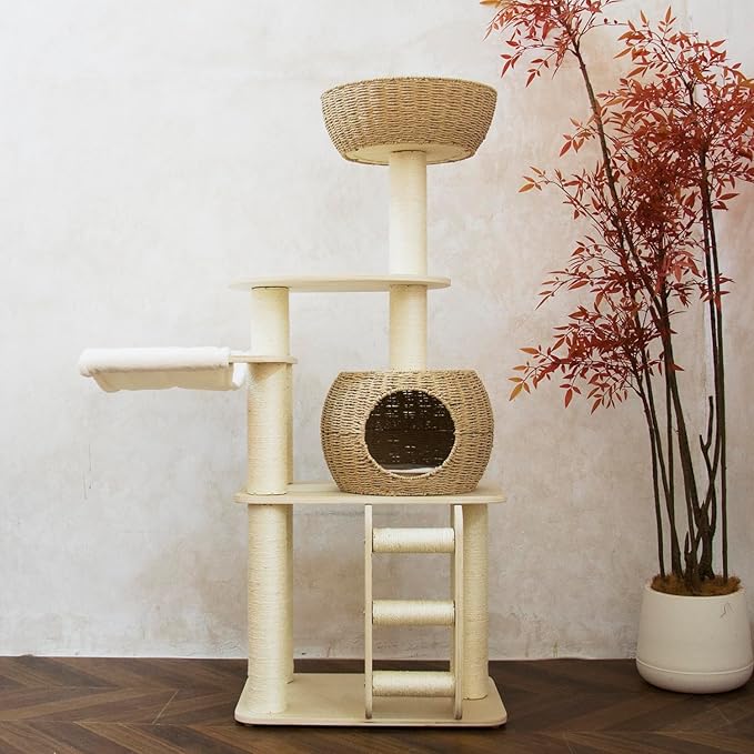 54 Inch Cat Tree for Indoor Cats, Tall Wooden Cat Tower with Scratching Posts, Rattan Condo and Perch, Multi-Level Cat Climber, Stylish Pet Furniture-PurrikoPets