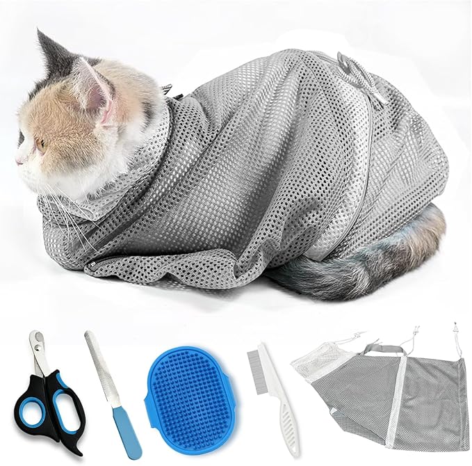 Adjustable Multifunctional Anti-Bite Shower net Bag，Cat Grooming Mesh Bag, Cat Bathing Bag，Cat Bath Brush and Cat Nail Clipper-PurrikoPets