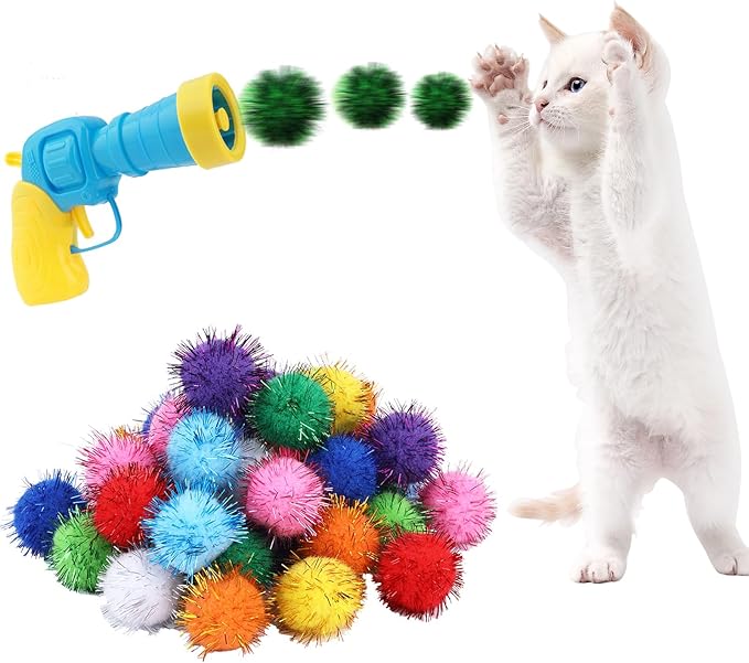 Dorhui Cat Toy Gun Launcher - 30 Pcs Sparkle Pom Pom Balls and Ball Launcher, Fetch Toy Gun Shooter, Interactive Glitter Balls for Indoor Cats and Kitty Gifts-PurrikoPets