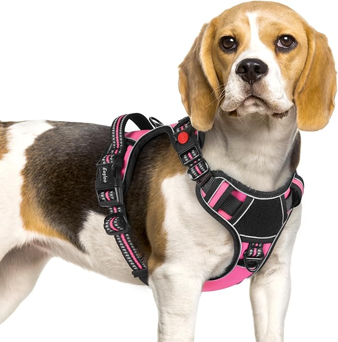 Eagloo Dog Harness Small Sized, Easy Wearing with 3 Buckles, Adjustable No Pull Pet Harness with 2 Rings for Walking, No Chock Reflective Soft Padded Vest with Control Handle, Pink & Black, S-PurrikoPets