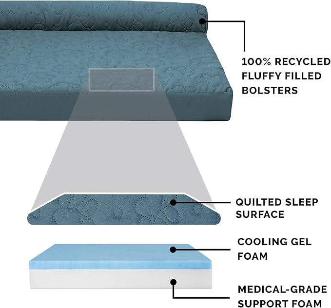 Furhaven Cooling Gel Dog Bed for Large Dogs w/ Removable Bolsters & Washable Cover, For Dogs Up to 95 lbs - Pinsonic Quilted Paw L Shaped Chaise - Bluestone, Jumbo/XL-PurrikoPets