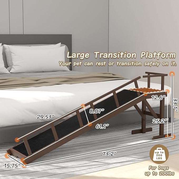 73" Dog Ramp for Bed, Pet Ramp with Removable Side Rail and Non-Slip Surface, Pet Ramp for Small & Large & Senior Dogs with Rest Platform and DIY Glow Strips,Dog Stairs for Couch, Brown-PurrikoPets