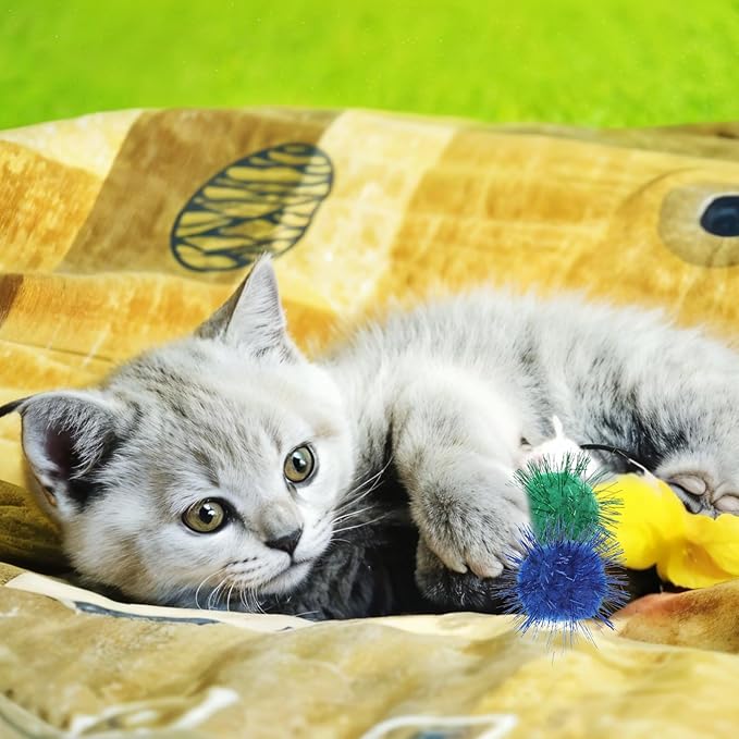 40 Pcs Pom Pom Balls for Kittens Colorful Pompom Balls for Cats Sparkle Ball for Cats Interactive Cat Toy Set for Exercise and Entertainment-PurrikoPets