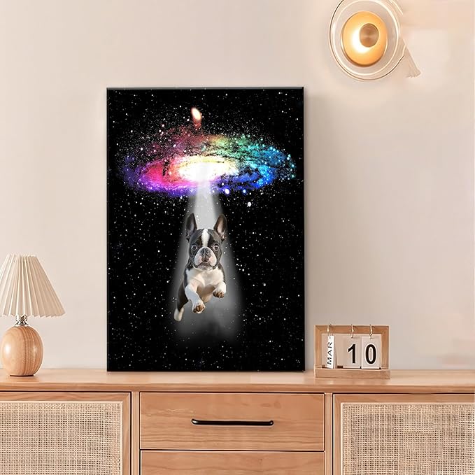Funny Dog Wall Art Canvas Boston Terrier Wall Decor Prints Framed Painting Bulldog Galaxy Pictures Gifts Artwork for Bathroom 16"x24"-PurrikoPets