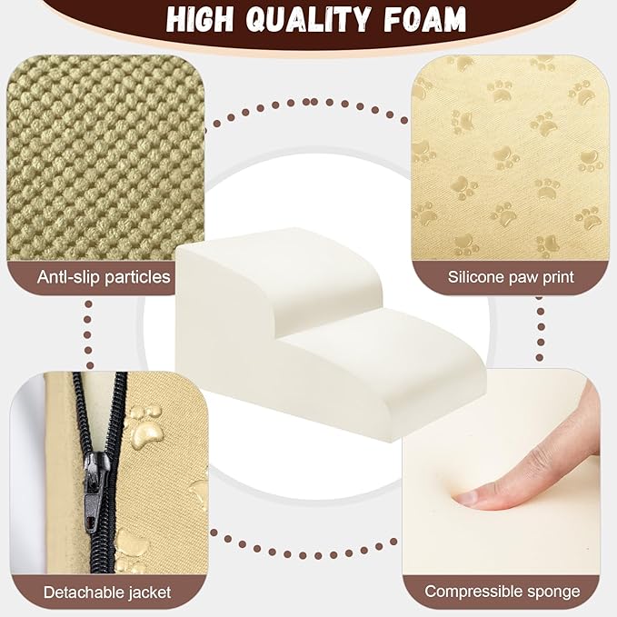 Dog Stairs for Small Dogs - High Density Foam Pet Steps, Extra Wide Dog Ramp with Non-Slip Bottom for High Beds, Couch and Sofa, Best for Dogs Injured, Older Doggy Cats,2 Steps, Camel-PurrikoPets