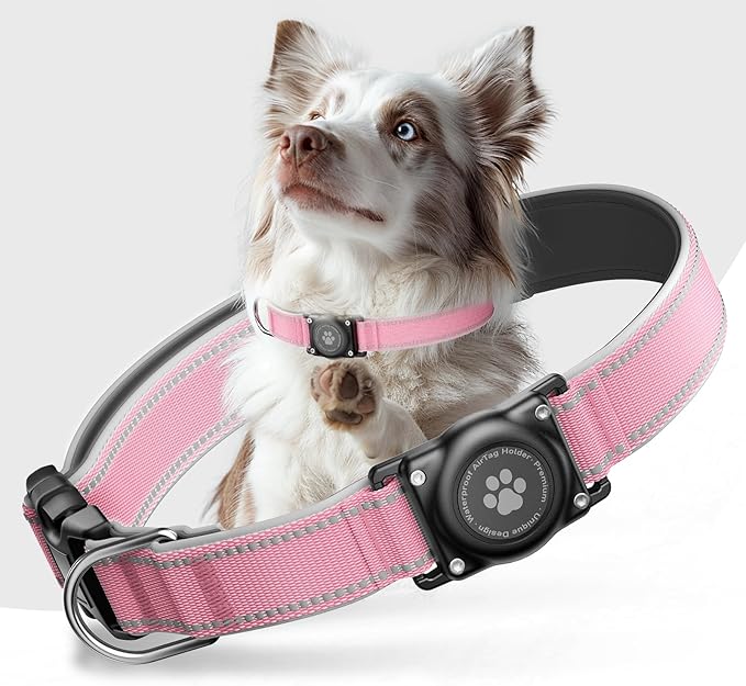 Airtag Dog Collar - 100% Waterproof Air tag Dog Collar Holder for Apple AirTag, Reflective, Soft Padded, Everlasting, GPS Dog Collar for Small Medium Large Dogs (Pink, XL)-PurrikoPets