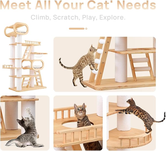 77‘’ Modern Cat Tree, Tall Wood Cat Tower for Indoor Cats Large Adult, Heavy Duty Cat Tree with Scratching Post, Luxury Kitty Condo, Sturdy Cat Furniture with 1 Transparent Bed and 3 Climb Labber-PurrikoPets