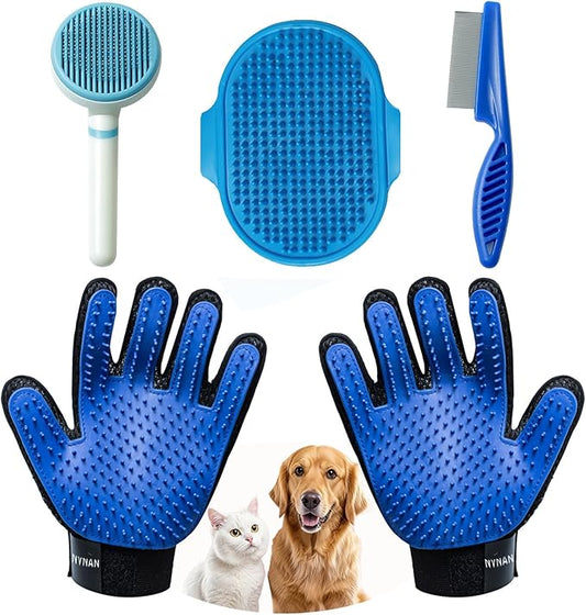 4Piece Dog Grooming Brush Set with Grooming Gloves, Deshedding Comb & Massage Bath Brush - Multifunctional Pet Hair Removal Tools for Shedding, Bathing, Brushing (Blue)-PurrikoPets