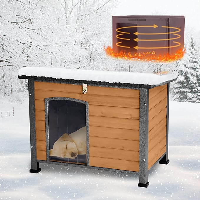 Feral Dog House Outdoor,Anti Bite Iron Frame Dog Kennel,Wood Warm Pets Home,Insulated Weatherproof Outside Shelter for Feral Animal (33.5"(L)×22"(W)×25.2"(H)-Brown-in)-PurrikoPets